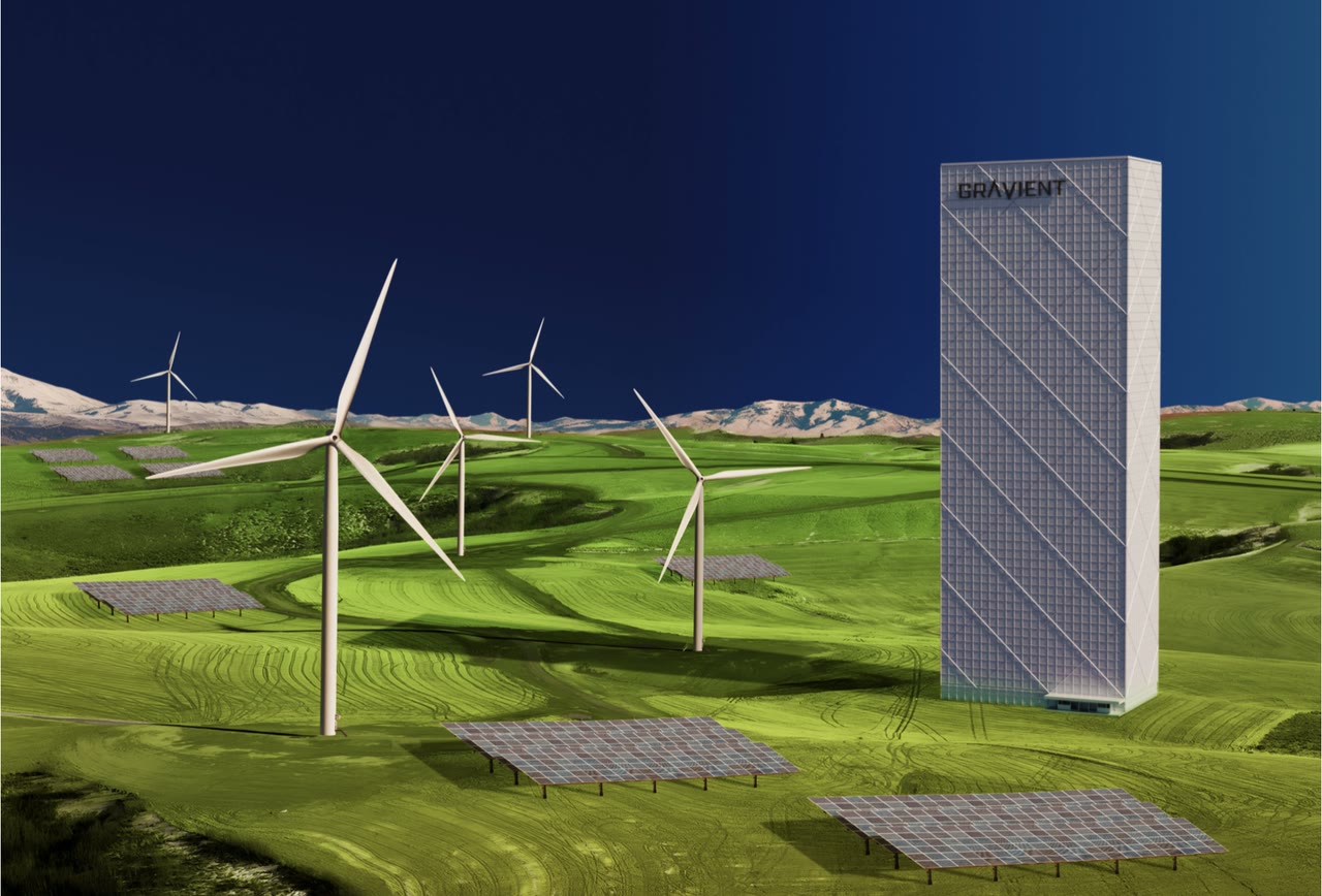 A GRAVIENT tower beside a wind farm